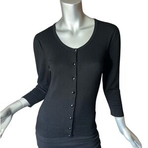 Halogen Women’s Small Black Cardigan Thin Knit Sweater 3/4 Sleeves Scoop Neck